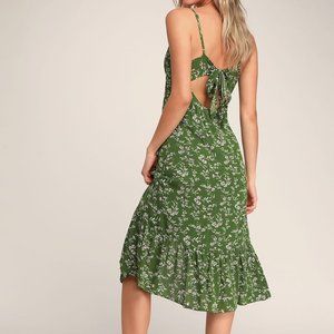 Lulus Green/Olive Floral Midi Dress, Size L